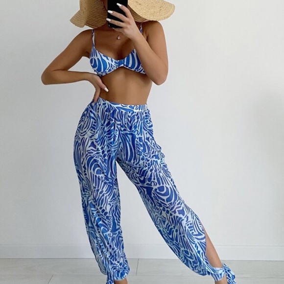 Other - 💙. Print Bikini Swimsuit & Cover Up Pants Set (3 piece) NWT